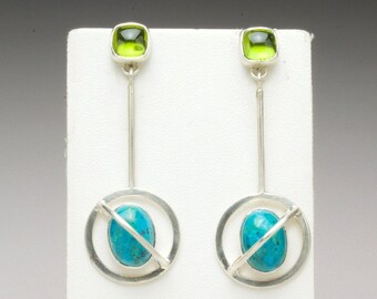 Chrysocolla & Peridot Earrings /  Handmade Dangling Earrings / Modern  silver Earrings / 3D S.silver drop Earrings