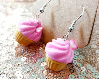 Handmade Pink Cupcake Earrings, Polymer Clay Dessert Jewelry