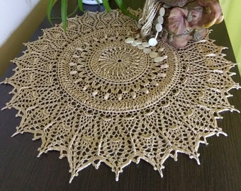 Idée cadeau de pendaison de crémaillère 20,5 po. Grand napperon au crochet en coton texturé beige Napperons en dentelle Napperon rond au crochet Table de nuit au crochet