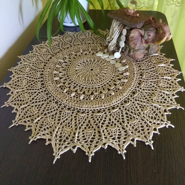 Housewarming gift idea 20.5 in Beige textured large cotton crochet doily Lace doilies Doily crochet round Night table crochet top Home decor