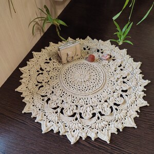 Cottagecore Home decor Beige Textured Cotton Doily, 14.6 inch, Lace doilies House warming Gift Idea Tablecloth Round Night Table Crochet Top
