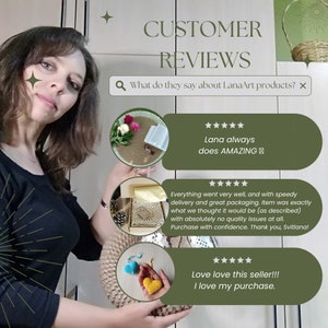 May include: A digital graphic titled CUSTOMER REVIEWS featuring a search bar with the text What do they say about LanaArt products? Three circular image inserts show a floral arrangement, a packaged item, and two small crocheted hearts.