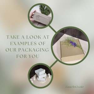 May include: A collage of three circular images showing cardboard packaging. One box is tied with string and a tag, another is a plain brown box with a purple flower, and the third shows three stacked white boxes. Text reads: TAKE A LOOK AT EXAMPLES OF OUR PACKAGING FOR YOU.