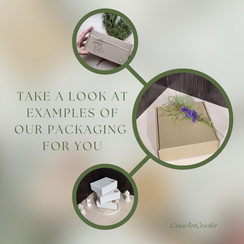 May include: A collage of three circular images showing cardboard packaging. One box is tied with string and a tag, another is a plain brown box with a purple flower, and the third shows three stacked white boxes. Text reads: TAKE A LOOK AT EXAMPLES OF OUR PACKAGING FOR YOU.