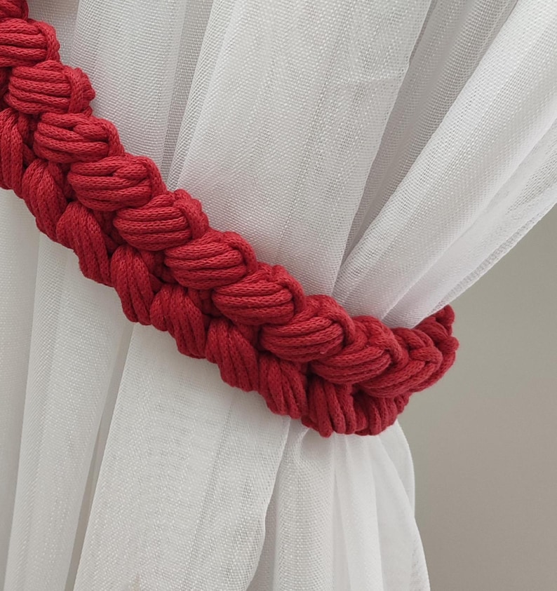 Curtain Tie Backs Braided Design for Bohemian Home Decor House Warming Gift Idea Cottagecore Decor Windows Crochet Ties Neutral Rustic Style Red