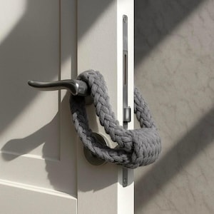 Puede incluir: Una funda gris trenzada para manija de puerta envuelta alrededor de una manija de puerta plateada en una puerta blanca. La funda está hecha de un material grueso y texturizado. La puerta está cerrada.