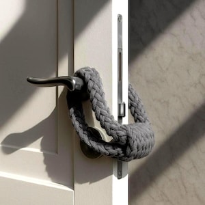 Puede incluir: Un tope de puerta de cuerda trenzada gris gruesa envuelto alrededor de una manija de puerta de metal plateado. El lazo de tela suave y texturizada está asegurado a la manija, proporcionando una barrera acolchada entre la puerta y la pared.