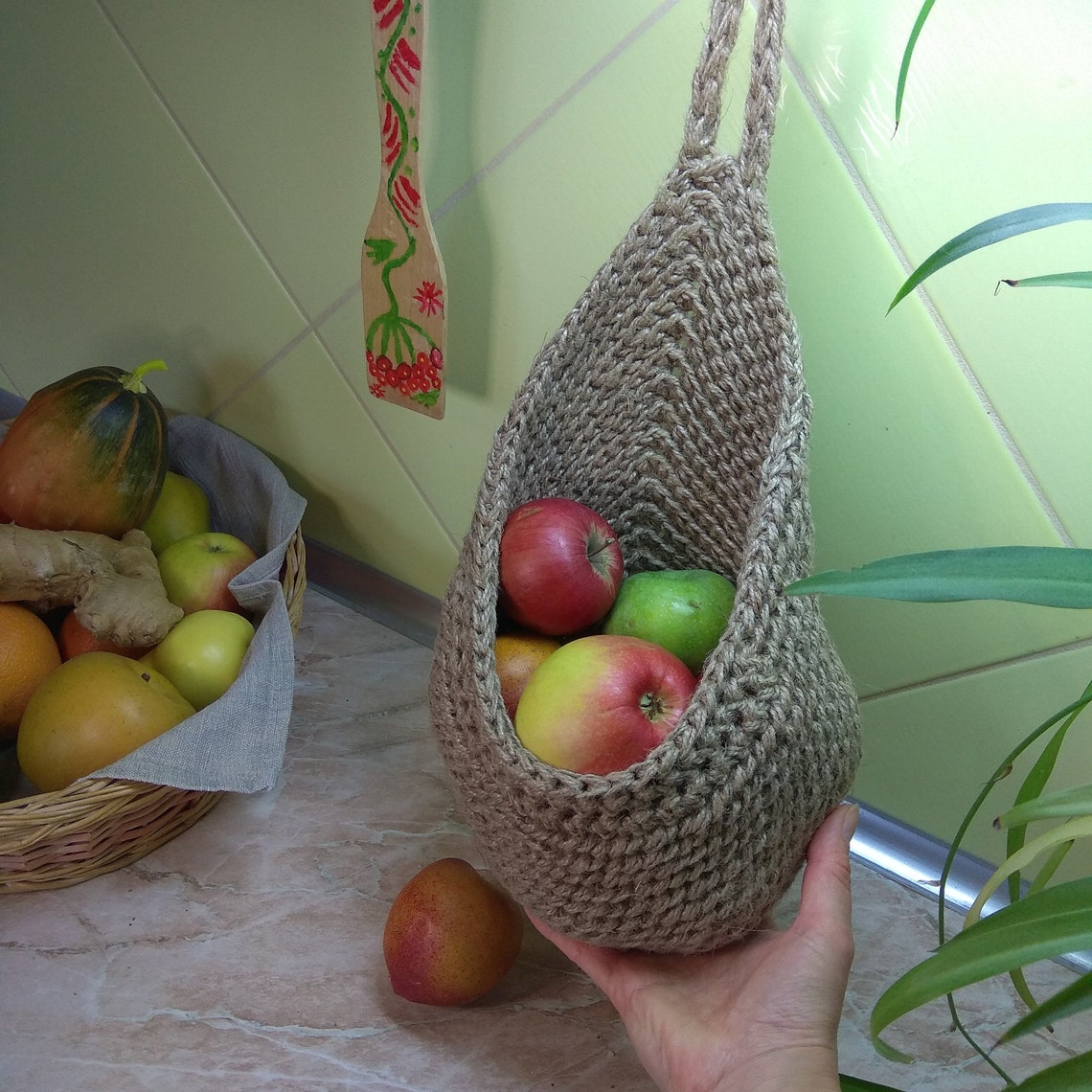 Crochet basket jute Wall hanging basket Fruits basket Hanging Etsy
