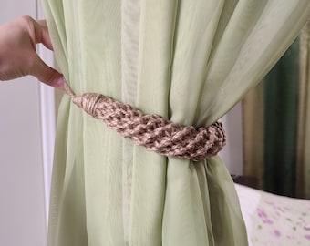2 psc Chunky Jute Rope Curtain Tie Backs - Coastal Cottagecore Window Treatment SET