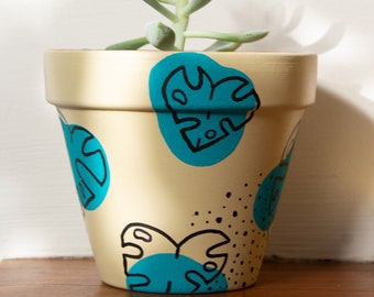 Hand painted plant pots - Indoor planter - Cream - Turquoise - Cheese leaf pattern - Monstera pattern - Potted Pattern - Plant lover pot