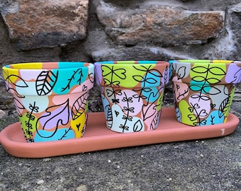 Hand painted plant pot trio | Botanical plant pot set | Set of plant pots and tray | Nature themed plant pot | Vibrant coloured plant pots