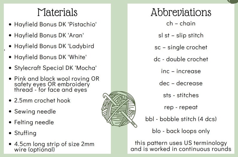 May include: A list of materials and abbreviations for a crochet project. The materials include yarn in various colors, a crochet hook, sewing needle, felting needle, stuffing, and wire. The abbreviations include common crochet terms like chain, slip stitch, single crochet, double crochet, increase, decrease, stitches, repeat, bobble stitch, and back loops only. The text states that the pattern uses US terminology and is worked in continuous rounds.