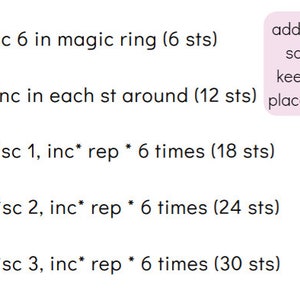 May include: A checklist for crocheting a magic ring. The instructions include the number of stitches to make in each round. Checkboxes are included to help keep track of progress.