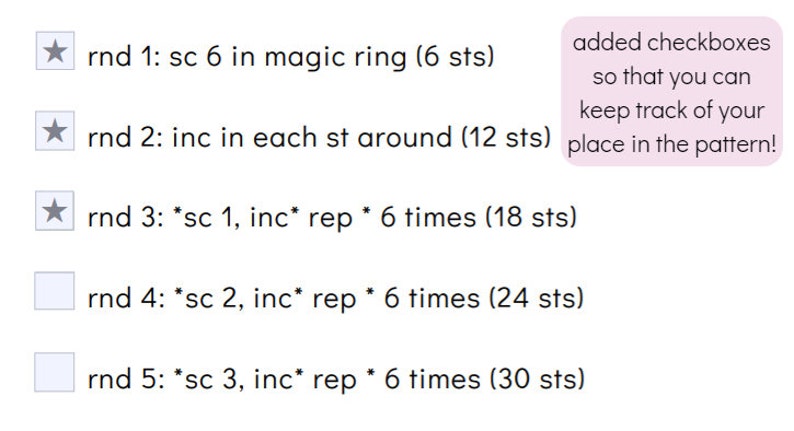 May include: A checklist for crocheting a magic ring. The instructions include the number of stitches to make in each round. Checkboxes are included to help keep track of progress.