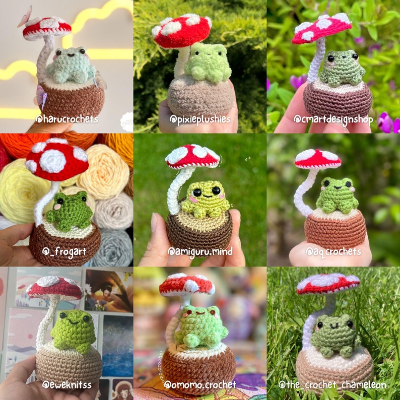 May include: Nine crocheted frog plushies sitting on a mushroom with a brown base. Each frog is green with black eyes and a white belly. The mushrooms are red with white spots and a white stem.