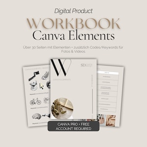 Könnte beinhalten: Ein digitales Produkt-Workbook für Canva Elements. Das Cover zeigt einen weißen Buchstaben W mit einem Herz darin, den Text "Canva Elements" und den Text "Canva Pro + Kostenloser Account erforderlich".
