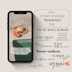Könnte beinhalten: Eine digitale Illustration eines Telefonbildschirms mit einem sommerlichen Hintergrund. Der Hintergrund ist ein Pool mit einer Wassermelone und einem Strohhut. Der Text auf dem Bildschirm lautet "Golden Hour is my happy hour". Der Text auf dem Telefonbildschirm lautet auch "Long Night deep talks" und "Day Drinking the Wine". Der Text auf dem Telefonbildschirm lautet auch "Sonne tanken" und "Lieben wir Summer night". Der Text auf dem Telefonbildschirm lautet auch "Angrillen" und "Aperoli girl".