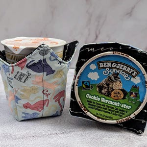 Handmade Quilted Ice Cream Pint Cozy: Cat Print Fabric Cover