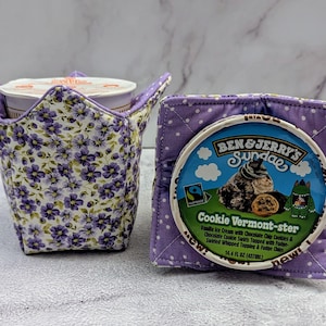 Handmade Purple Floral Ice Cream Pint Cozy: Quilted Fabric Cover