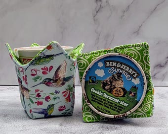 Handmade Quilted Ice Cream Pint Cozy: Hummingbird Fabric Cover