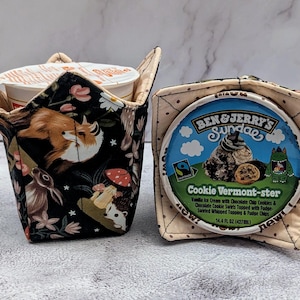 Quilted Fabric Ice Cream Pint Cozy: Handmade Forest Friends Design