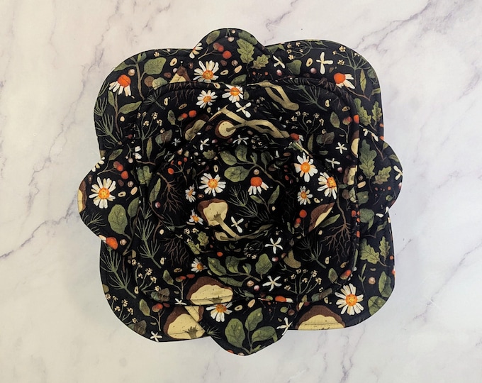 Handmade Woodland Mushroom Bowl Cozy: Quilted Cotton Hot Bowl Holder