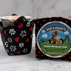 Handmade Quilted Ice Cream Pint Cozy: Paws & Heart Fabric Cover