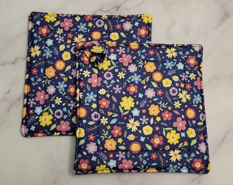 Multi Floral on Blue Potholders with Hidden Loops! Available as Single or Set of 2, Housewarming Gift for Friends