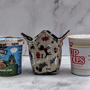 May include: An image featuring a Ben & Jerry's ice cream container, a fabric bowl with a dog pattern, and a Nissin Cup Noodles container. The ice cream container has a blue and white label. The fabric bowl has a dog and bone pattern. The Cup Noodles container is white with red text.