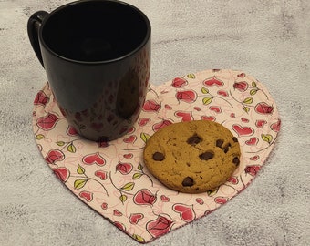 Heart Shaped Mug Rug, 8x9 Inches, Cotton, Ideal Coffee Snack Mat, Unique Handmade Gift