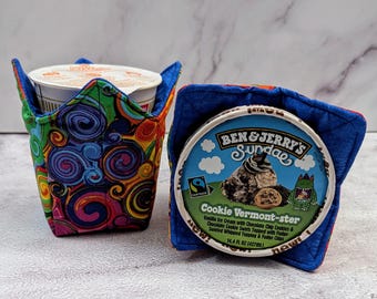 Handmade Quilted Ice Cream Pint Cozie: Rainbow Swirl Fabric Cover