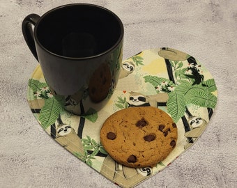 Handmade Heart Mug Rug, Sloth Fabric, Coffee Coaster