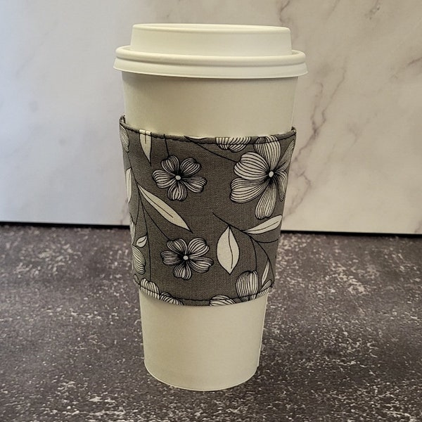 Gray Floral Coffee Cup Cozy, Unique Coffee Lovers Gift for Her, Starbucks Coffee Cup Sleeve