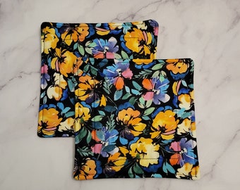 Bright Floral on Black Potholders with Hidden Loops! Available as Single or Set of 2, Housewarming Gift for Friends