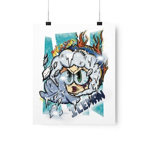 May include: A cartoon character with blue and white fur, wearing a blue hat with a white brim, and a red and yellow flame design. The character has green eyes and a red mouth. The character is surrounded by a blue and white background with the words "ICEMAN" and "DIVERSOD" written in white.