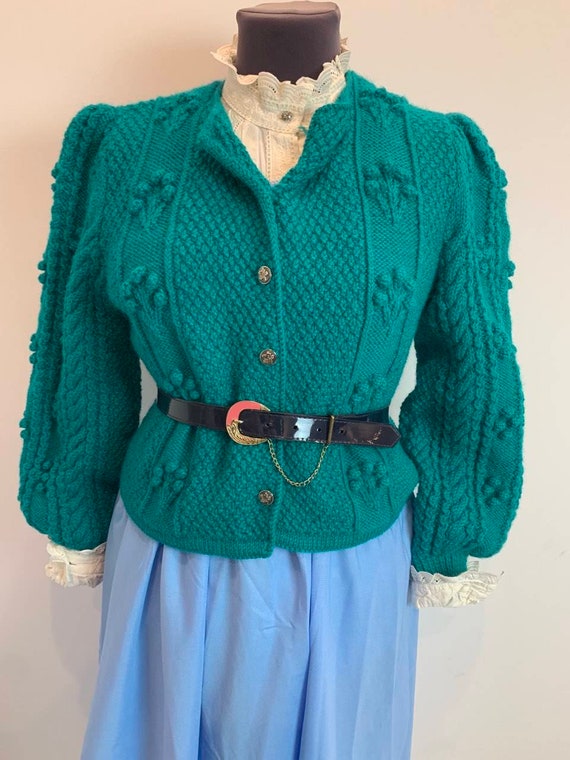 Vintage cardigan popcorn knit puff sleeves/hand kn