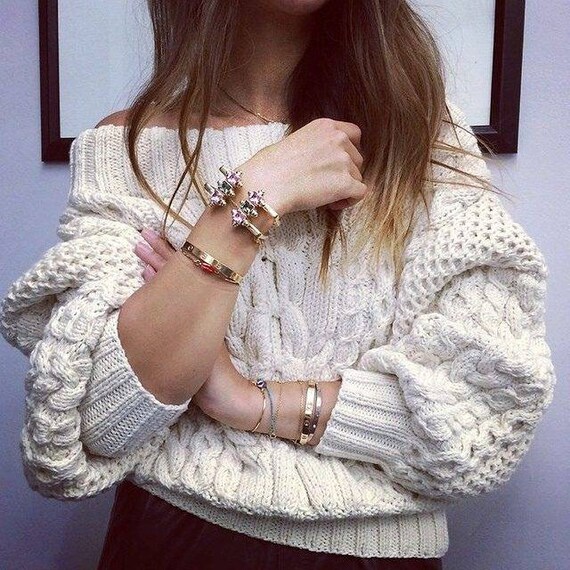 Hand knit ruban white sweater wool cashmere blend/