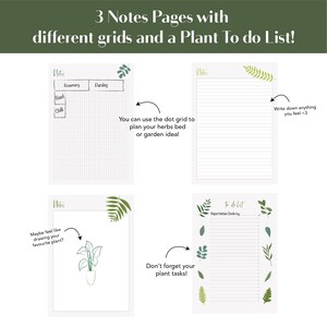 May include: Three printable pages with different grid styles for note-taking and a plant to-do list. The pages feature green foliage illustrations and text that says "Notes" and "To do List".
