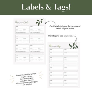 May include: Printable plant labels and tags with a green leaf design. The labels have sections for plant name, light, water, and toxicity to humans and pets. The tags have sections for plant name and notes.