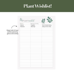 May include: A printable plant wishlist with columns for genus, species/variety, and notes. The text "My PLANT Wishlist" is at the top of the page. The first two rows of the table are filled in with examples of plants and notes.
