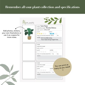 May include: Printable plant log with a green leafy design. The log has sections for the plant name, scientific name, date acquired, light requirements, water needs, toxicity to humans and pets, and notes. The log also has a space for a photo or illustration of the plant.