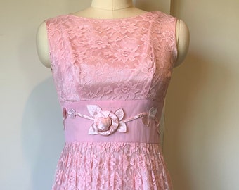 Vintage 60's Pink Lace Sleeveless Party Dress With Rose Details