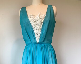 Vintage 60s Turquoise Modes Royals Chiffon Cocktail Dress, Lace Inset