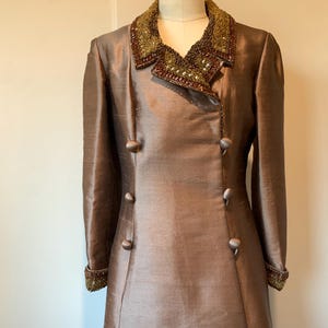 Vintage 60’s Jean Lutece Double Breasted Hand Beaded Bronze Silk Shantung Coat and Skirt Ensemble