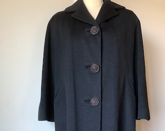 Vintage Black Wool Winter Coat with Large Sculpted Buttons, Curved Seams Retro Style Late 1950's Early 1960's