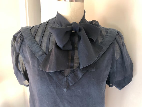 Vintage 80’s Albert Nipon Navy Sheer Puff Sleeve … - image 8