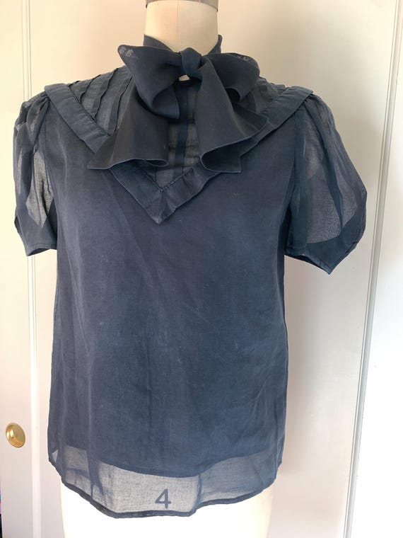 Vintage 80’s Albert Nipon Navy Sheer Puff Sleeve … - image 6