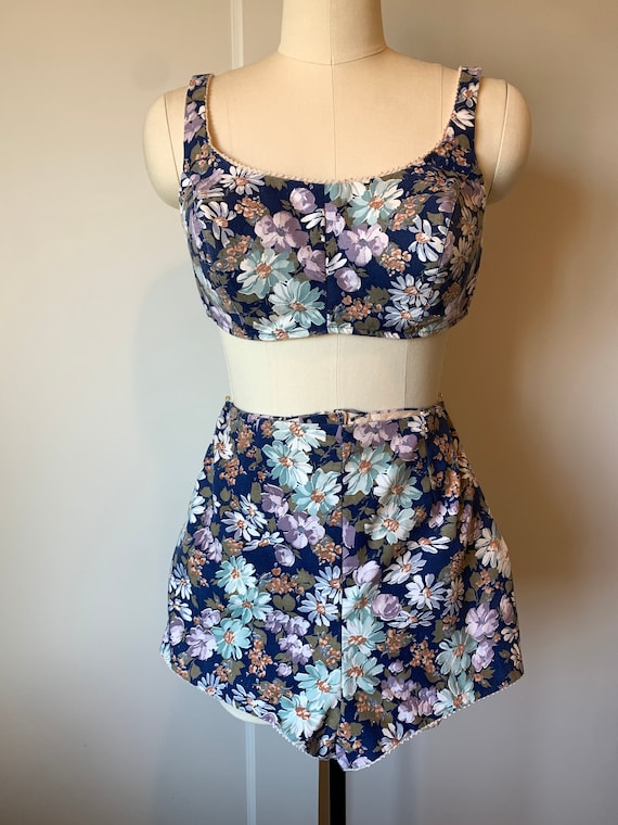 Vintage Navy Floral Cotton High Waisted Bikini - image 1