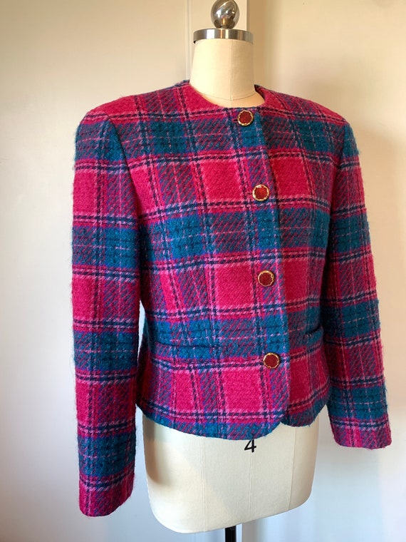 Vintage 80's Pendleton Raspberry and Green Plaid … - image 2