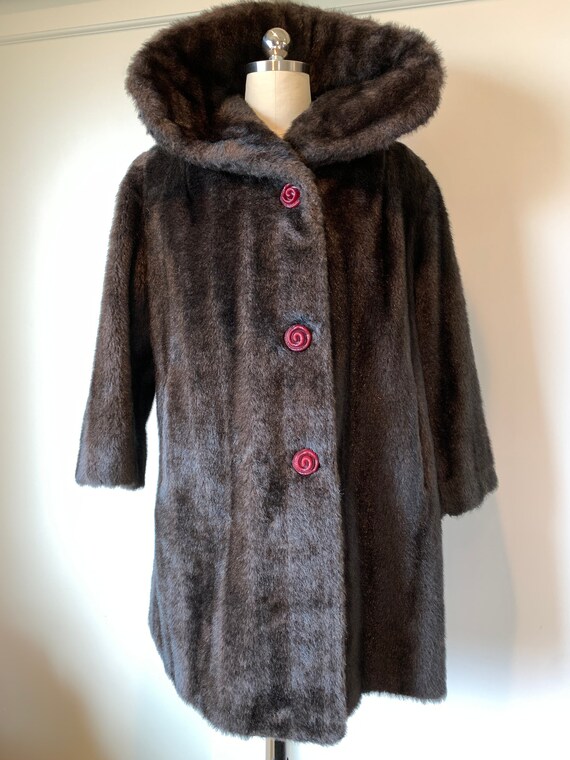 1950's Vintage Faux Fur Dark Brown Coat with Wire… - image 3
